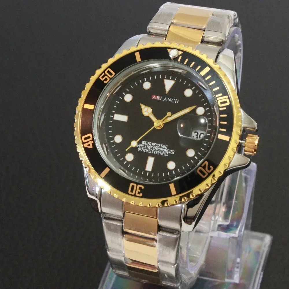 Men's Diver Style Watch Black Bezel Silver Gold Tone 40mm - Picture 4 of 14